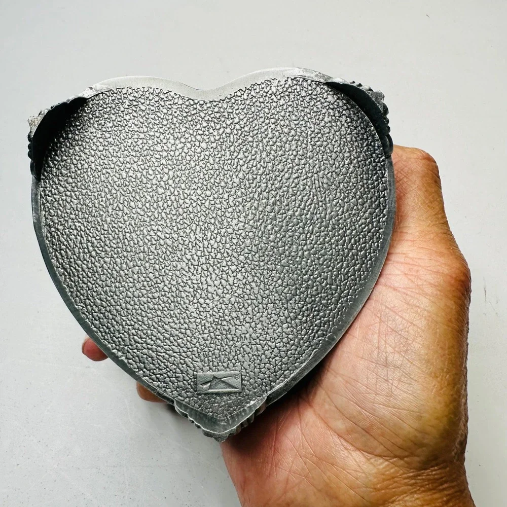Vintage Heart Shape Silver Tone Embossed Floral Velvet Lined Jewelry Trinket Box